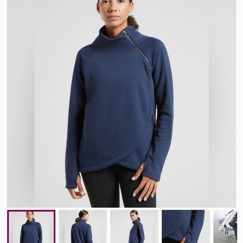 Athleta Cozy Karma Asym Pullover Fleece Sweatshirt Navy Oversized L Thumbholes